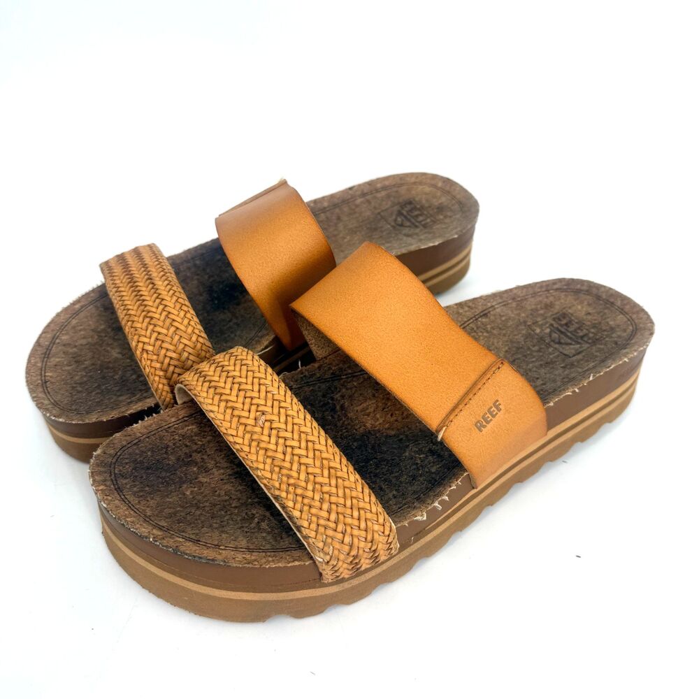 Reef Vista Hi Sandals Cushion Cork Platform Slides Braid Tan Coastal Size 9